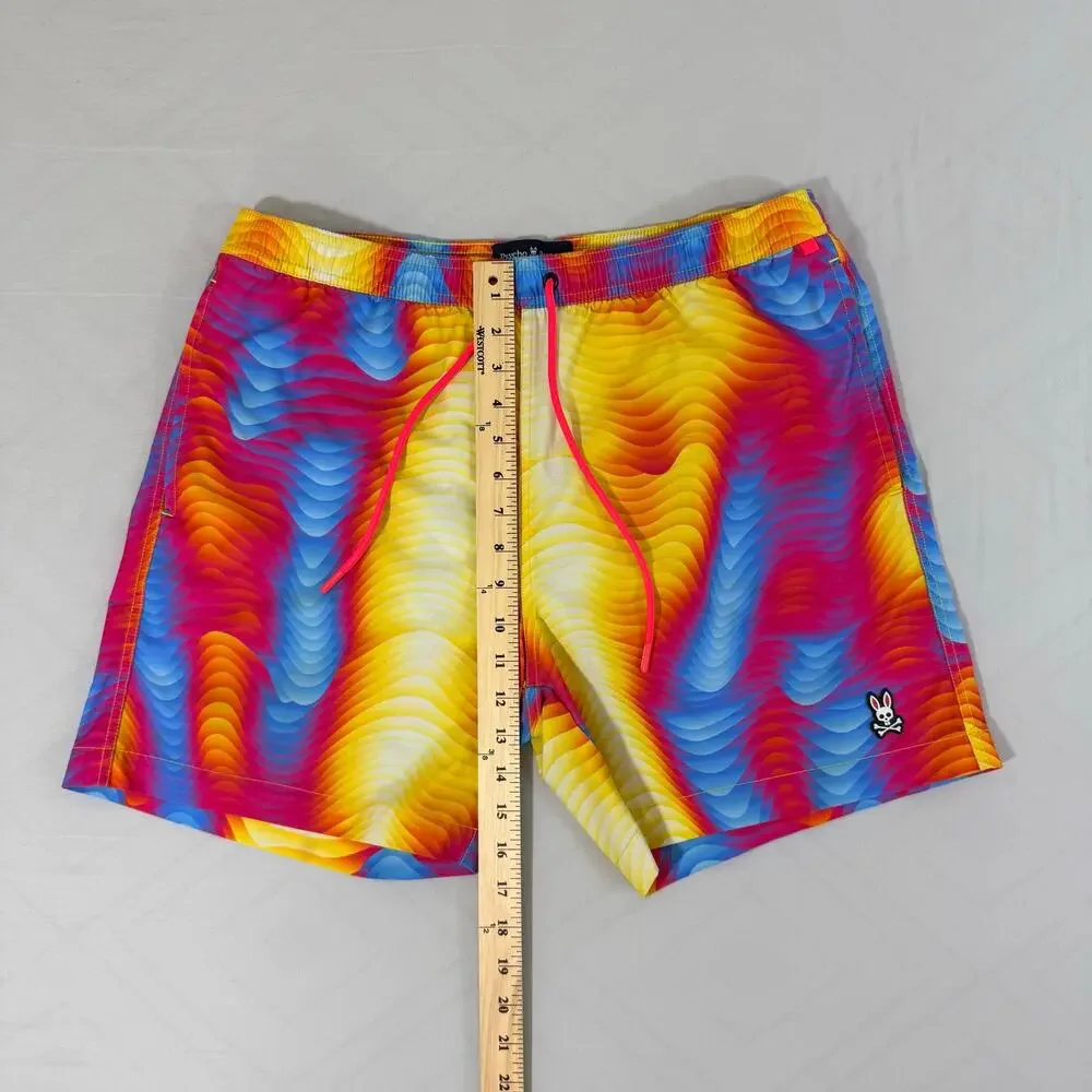 Psycho Bunny Mens Large Wave Print Swim Trunks Psychedelic Board Shorts L